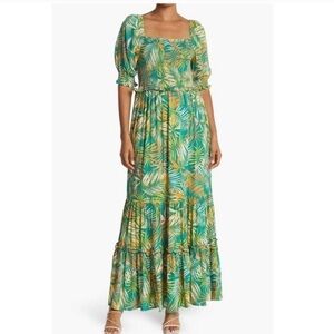 Betsey Johnson - Palm Leaf Print Tropical Tiered Maxi Dress Green Smocked - L